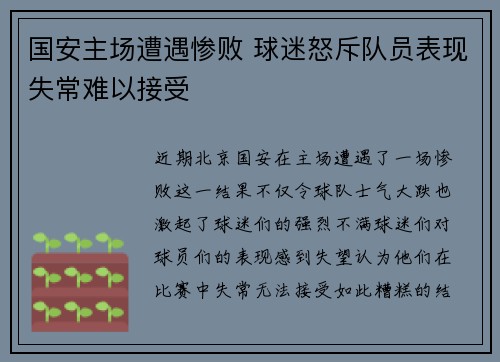 国安主场遭遇惨败 球迷怒斥队员表现失常难以接受