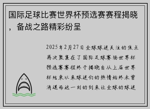 国际足球比赛世界杯预选赛赛程揭晓，备战之路精彩纷呈