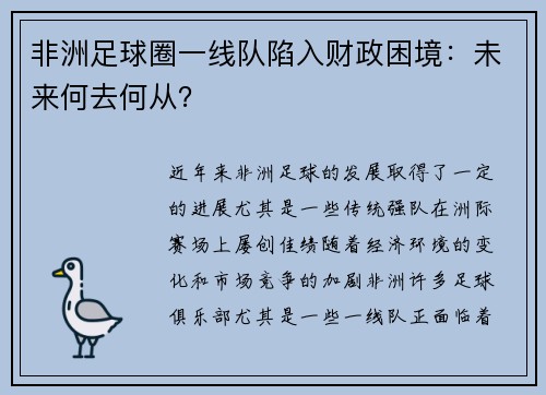 非洲足球圈一线队陷入财政困境：未来何去何从？